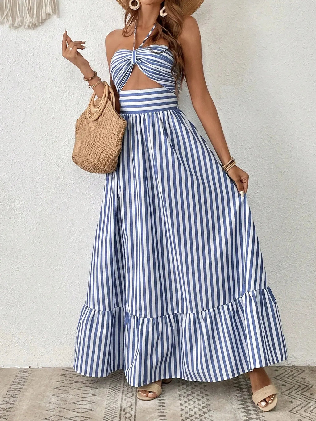 Vestido Longo Isadora Listrado Azul e Branco