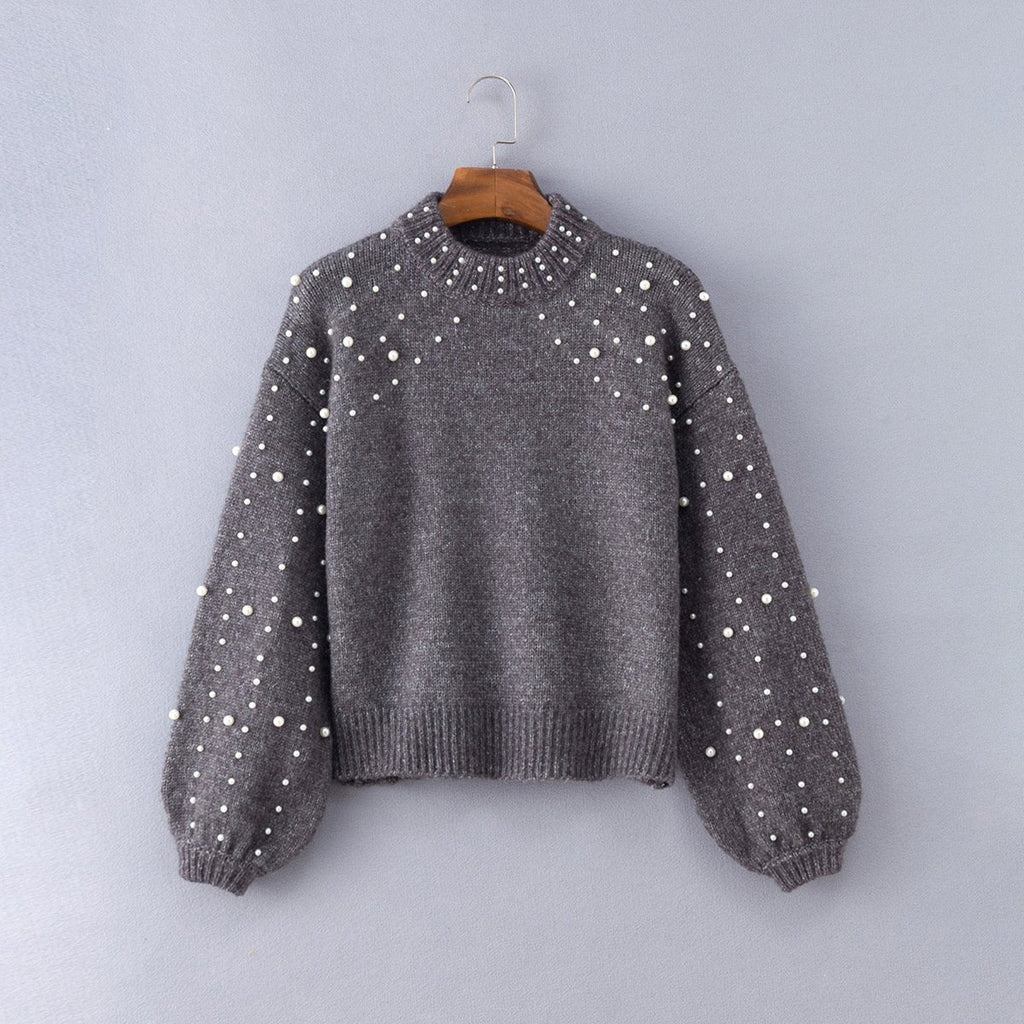 Bead Lantern Sleeve Knitted Sweater Pullover
