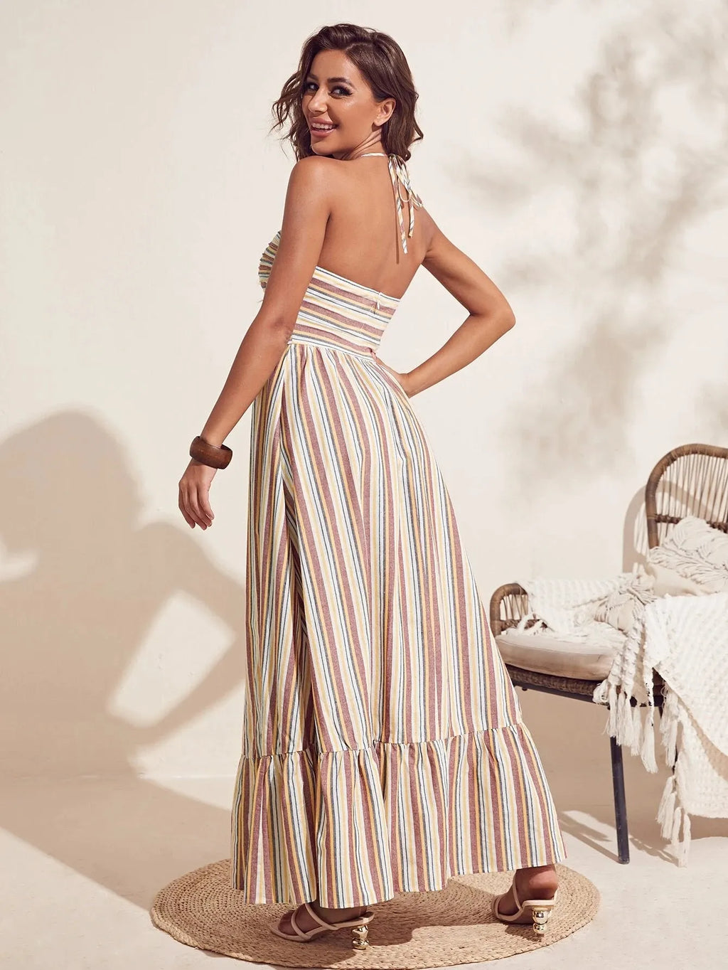 Vestido Longo Isadora Listrado Marrom