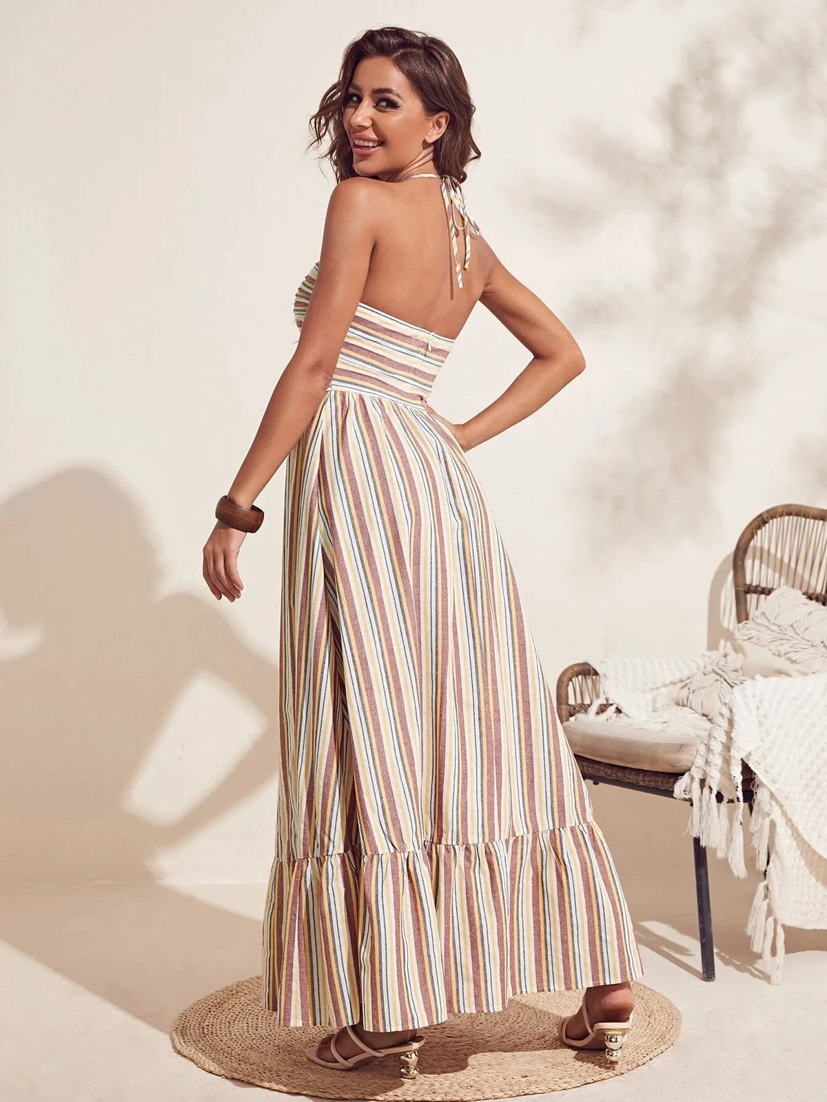 Vestido Longo Isadora Listrado Marrom
