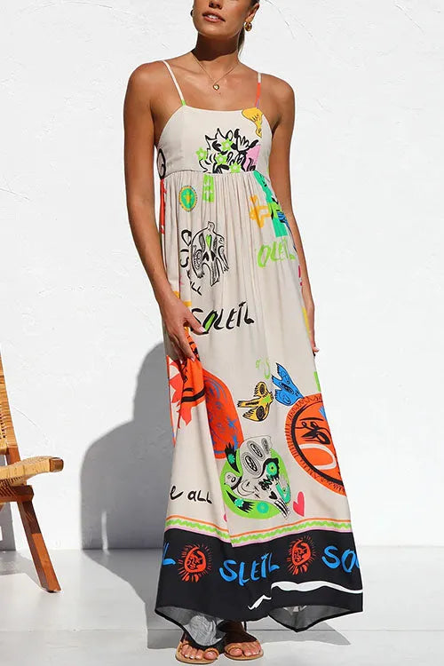 Tie Back Cut Out Graffiti Print Flowy Maxi Cami Dress