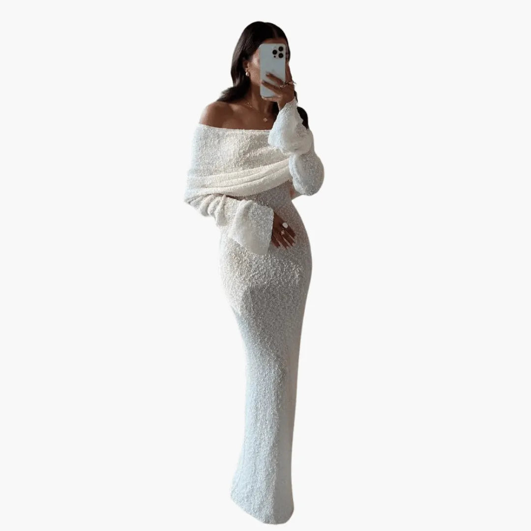 Women's Off-Shoulder White Maxi Dress with Long Sleeves