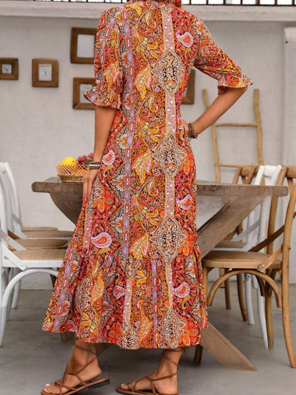 Paisley Bohemian Long Length Vintage Print Tassel Tie Neck Tunic Dress - Elegant Vacation Style with Drawstring, Ruffle Hem, and Random Printing