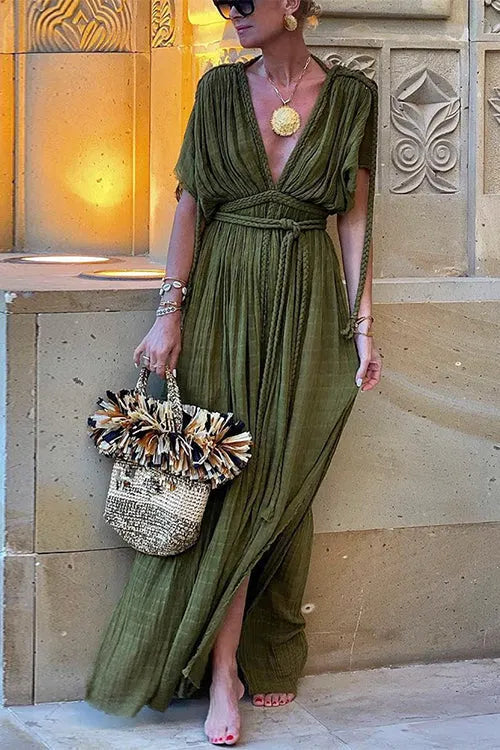 Deep V Neck Tie Waist Side Slit Maxi Vacation Dress