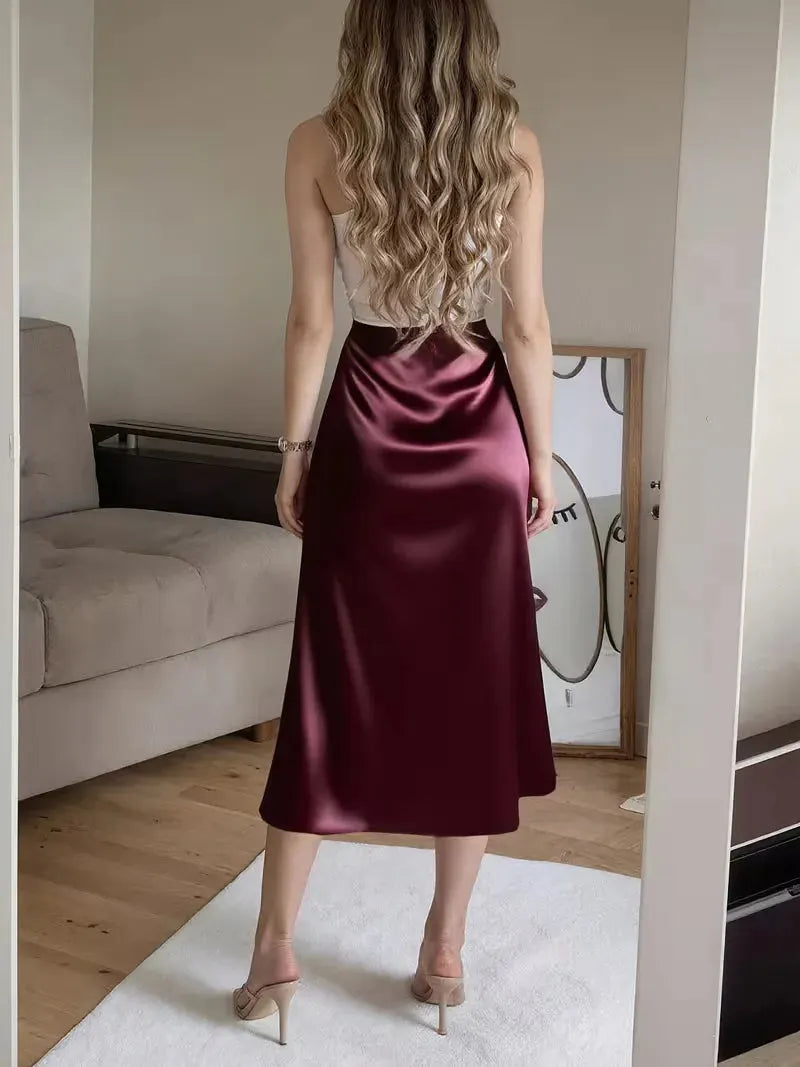 Satin Skirt for Women with High Split and Knot Details