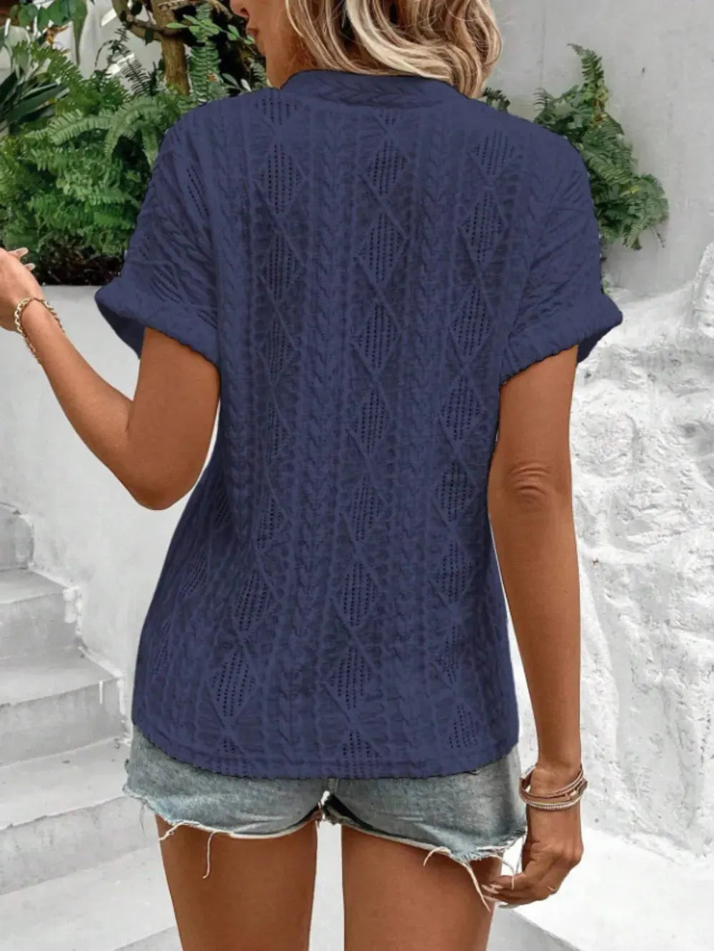 Openwork Notched Short Sleeve Blouse