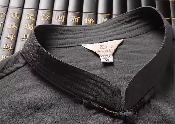 Damen Leinen-Set mit Langarm-Oberteil, Stehkragen und Froschknöpfen
