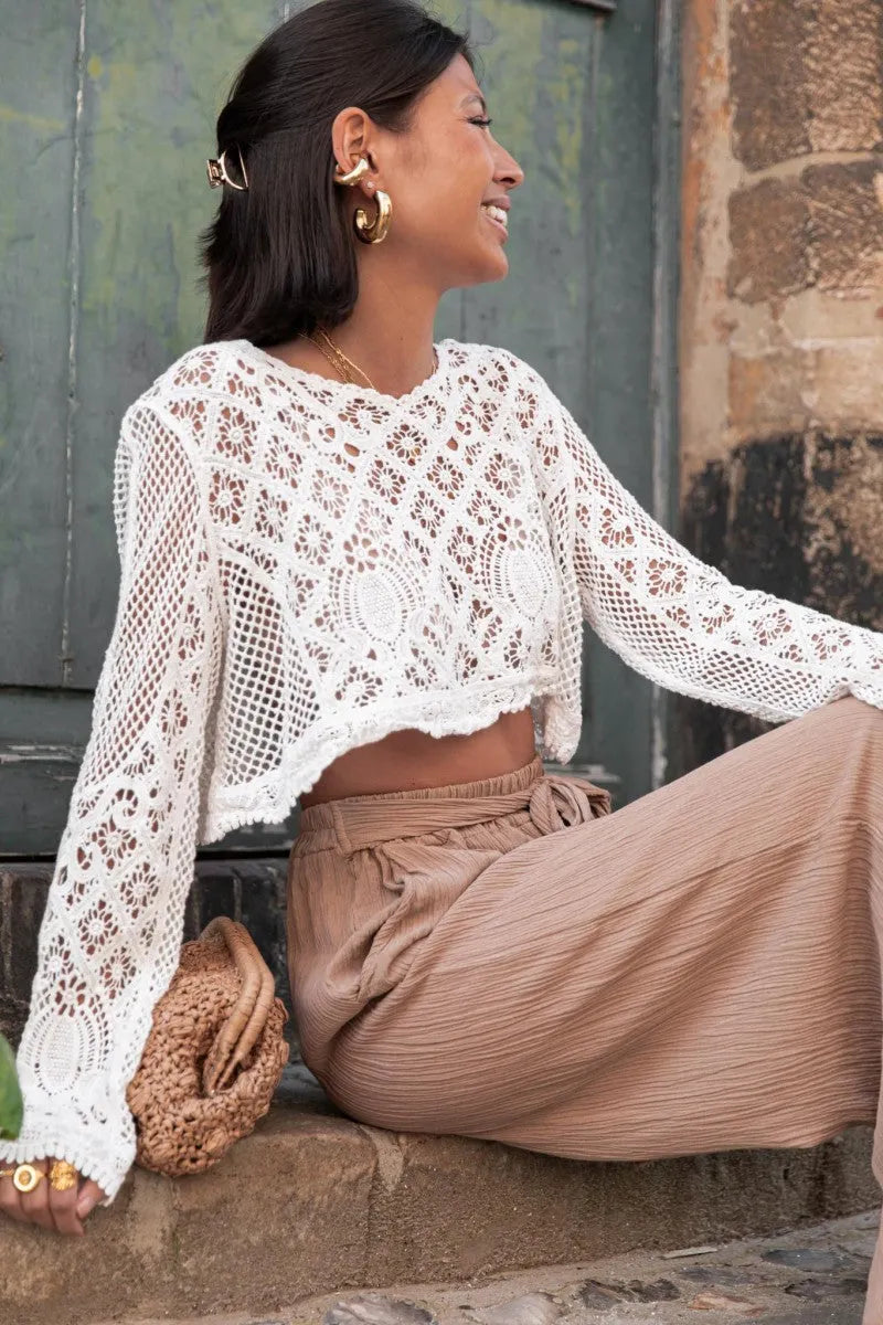 Weißes Häkelkleid – Langarm, Häkelmuster