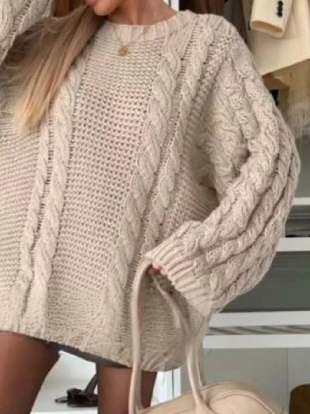 Cable Knit Round Neck Oversized Sweater