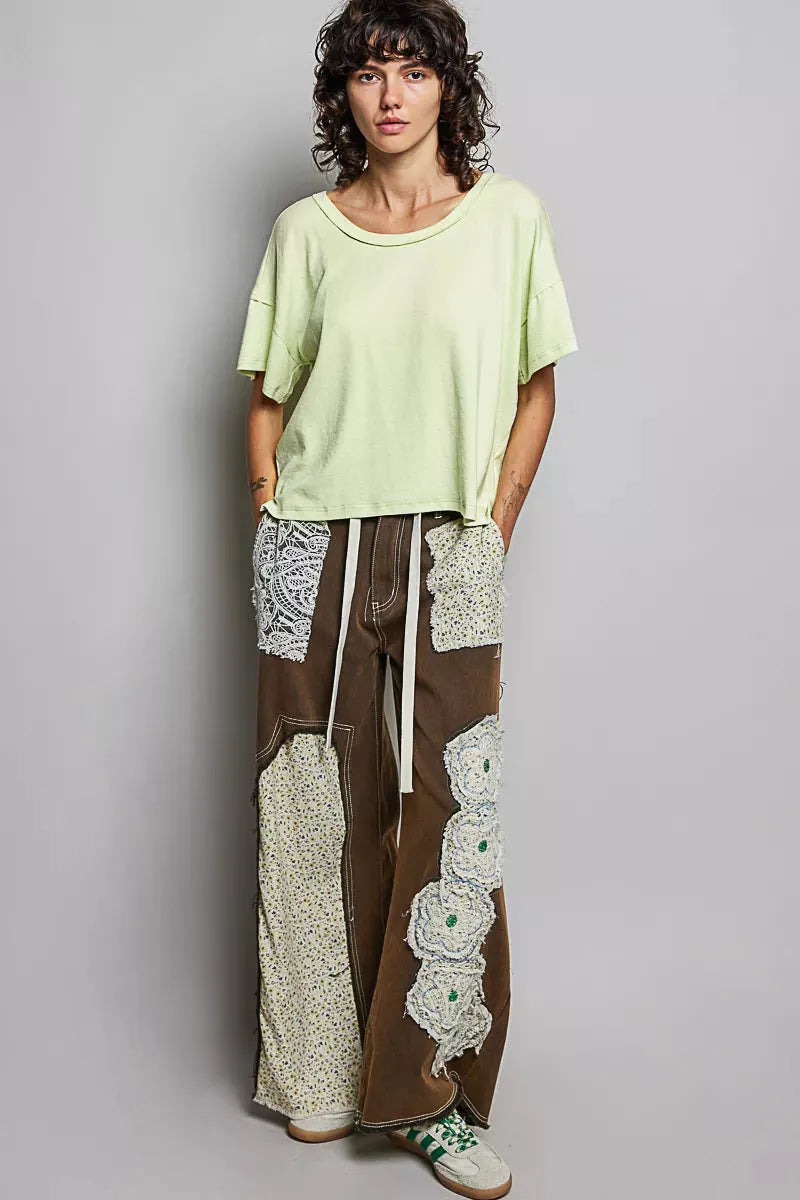 POL Round Neck Short Sleeve T-Shirt with High Low Hem