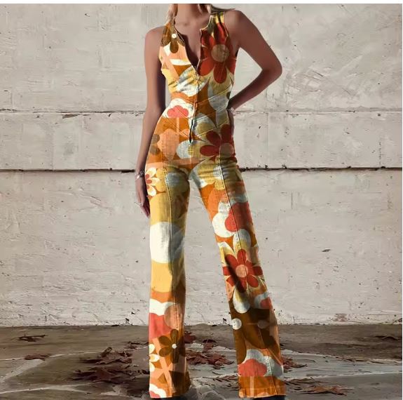 Floral Gespalten Denim Jumpsuit