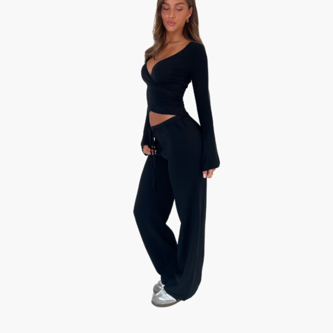 Womenâ€™s two-piece set with wrap top and trousers