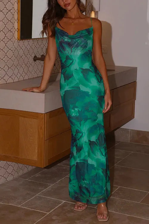 Cowl Neck Backless Printed Cami Maxi bodycon Dress
