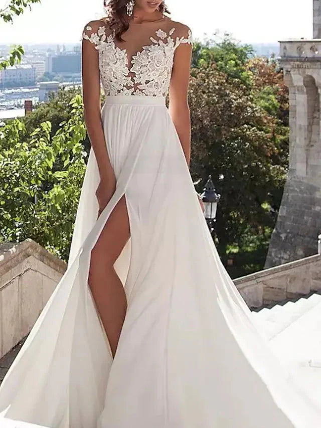Damen Abendkleid aus Spitze mit floraler Verzierung, Beinschlitz und transparentem RÃ¼cken