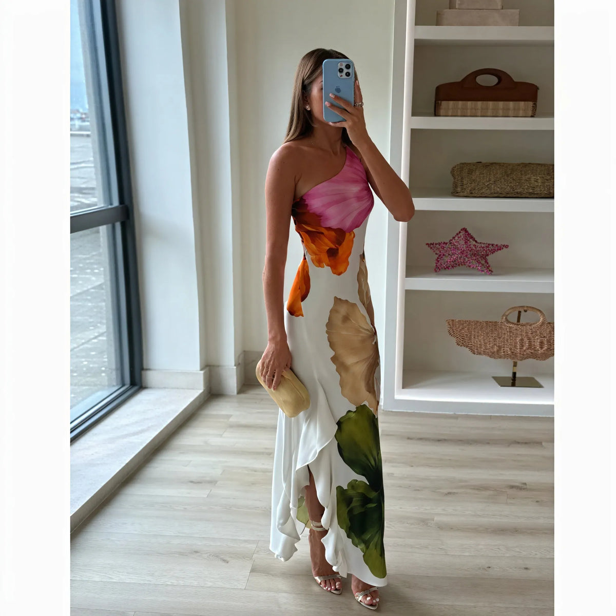 Bedrucktes Maxi-Kleid – One-Shoulder & Neckholder