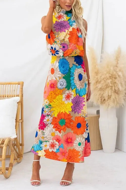 Sleeveless Tie Neck Waisted Floral Print Maxi Dress