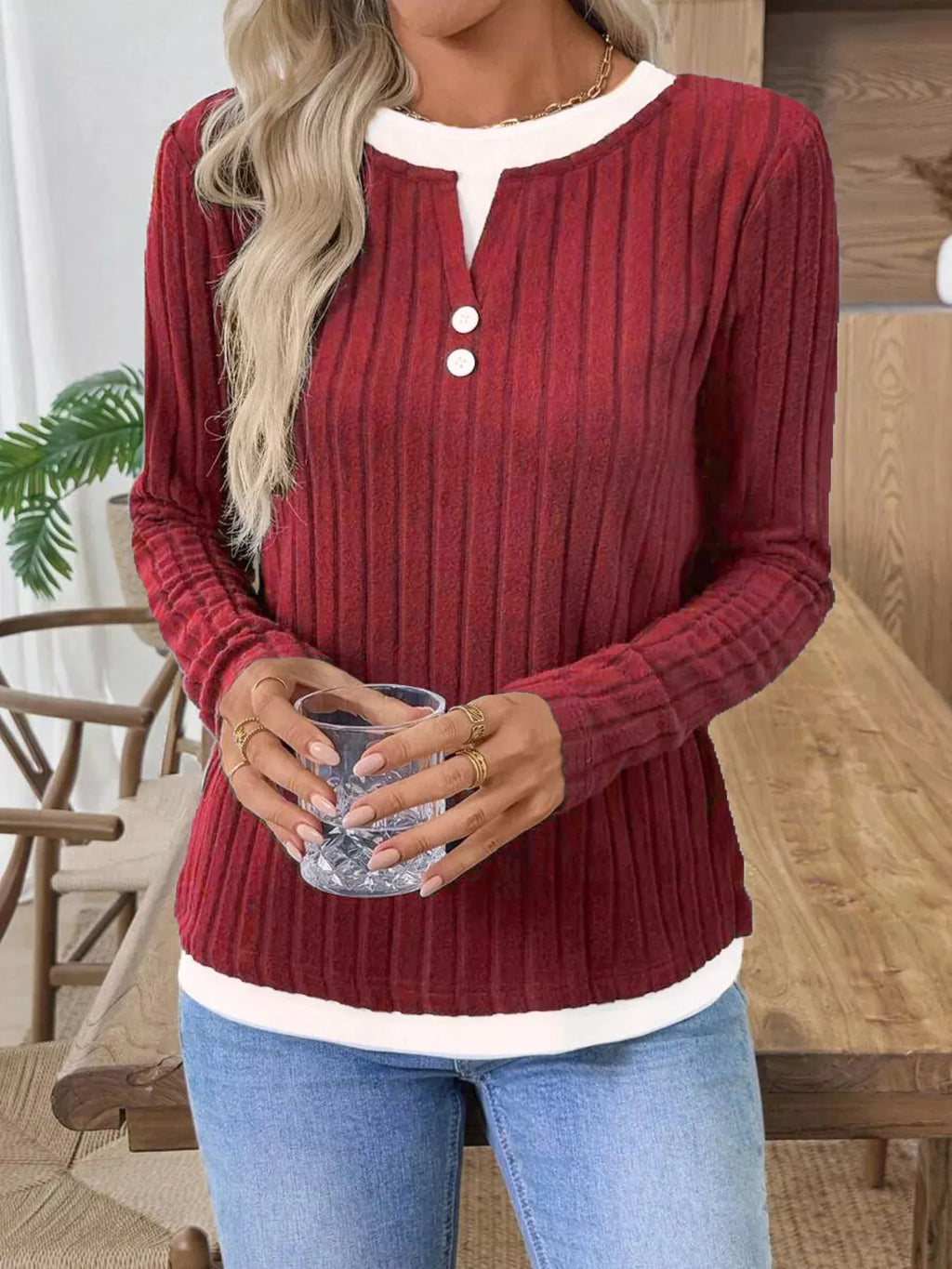 Ribbed Knit Button Detail Contrast Sweater