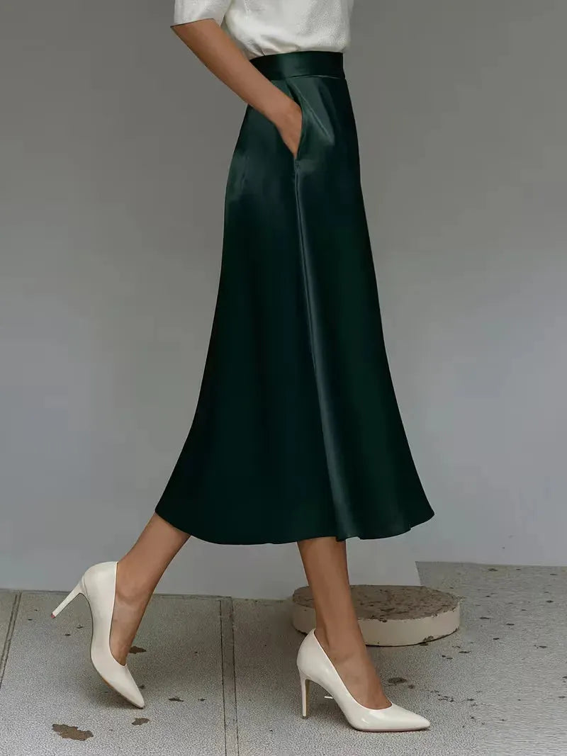 Satin Skirt for Women with High Waist and Midi Length