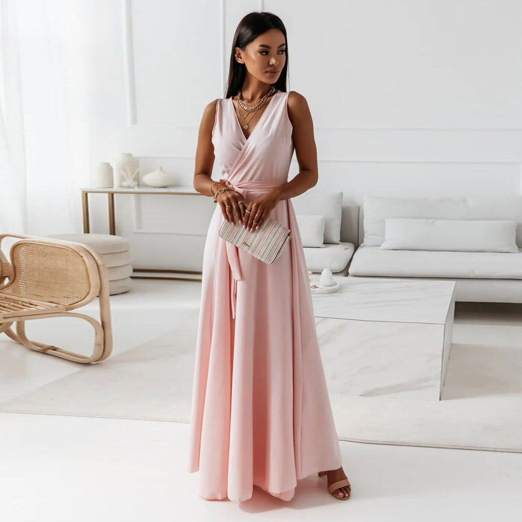Elegantes Maxikleid fÃ¼r Damen â€“ Ã„rmelloses V-Ausschnitt Abendkleid in Uni-Farben, Langes Kleid fÃ¼r Hochzeit & Sommerfeste