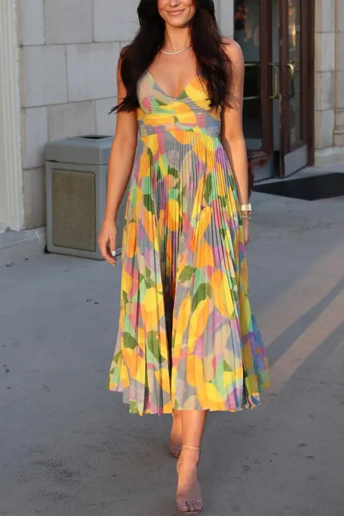 V Neck Printed High Waist Pleated Midi Cami Dress