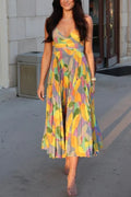 V Neck Printed High Waist Pleated Midi Cami Dress