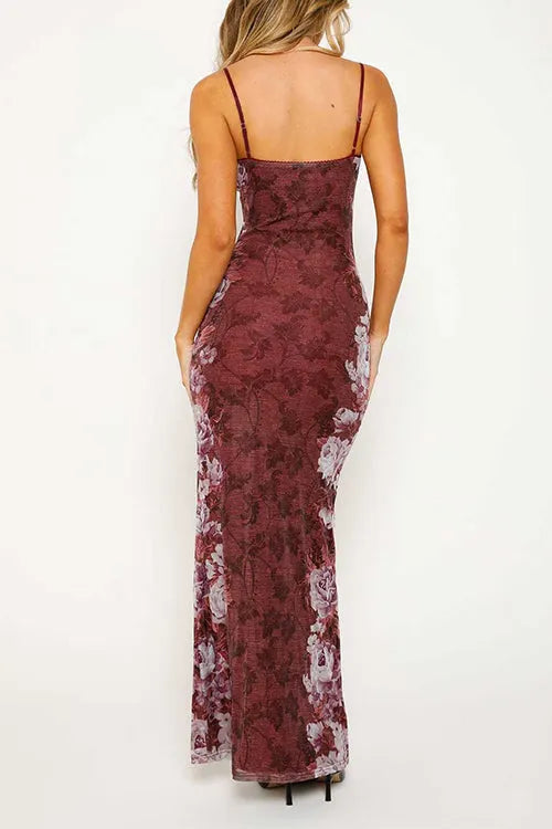 Spaghetti Strap V Neck Floral Print Bodycon Maxi Dress
