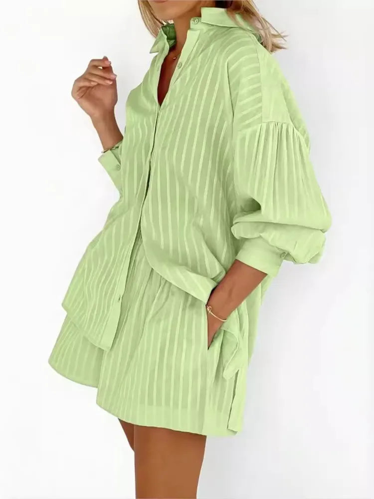 2024 Spring Summer Solid Cotton Short Two Piece Set Women Stripe Long Sleeve Shirts Shorts 2 Piece Sets Simple Style Lady Suit