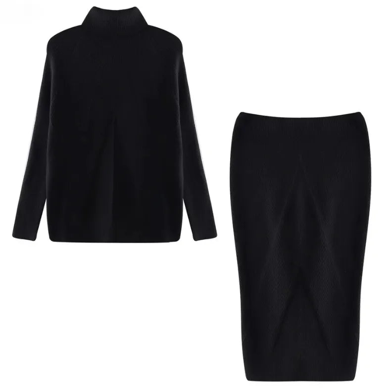 Elegant Knitted Women's Set with Turtleneck and Midi Skirt