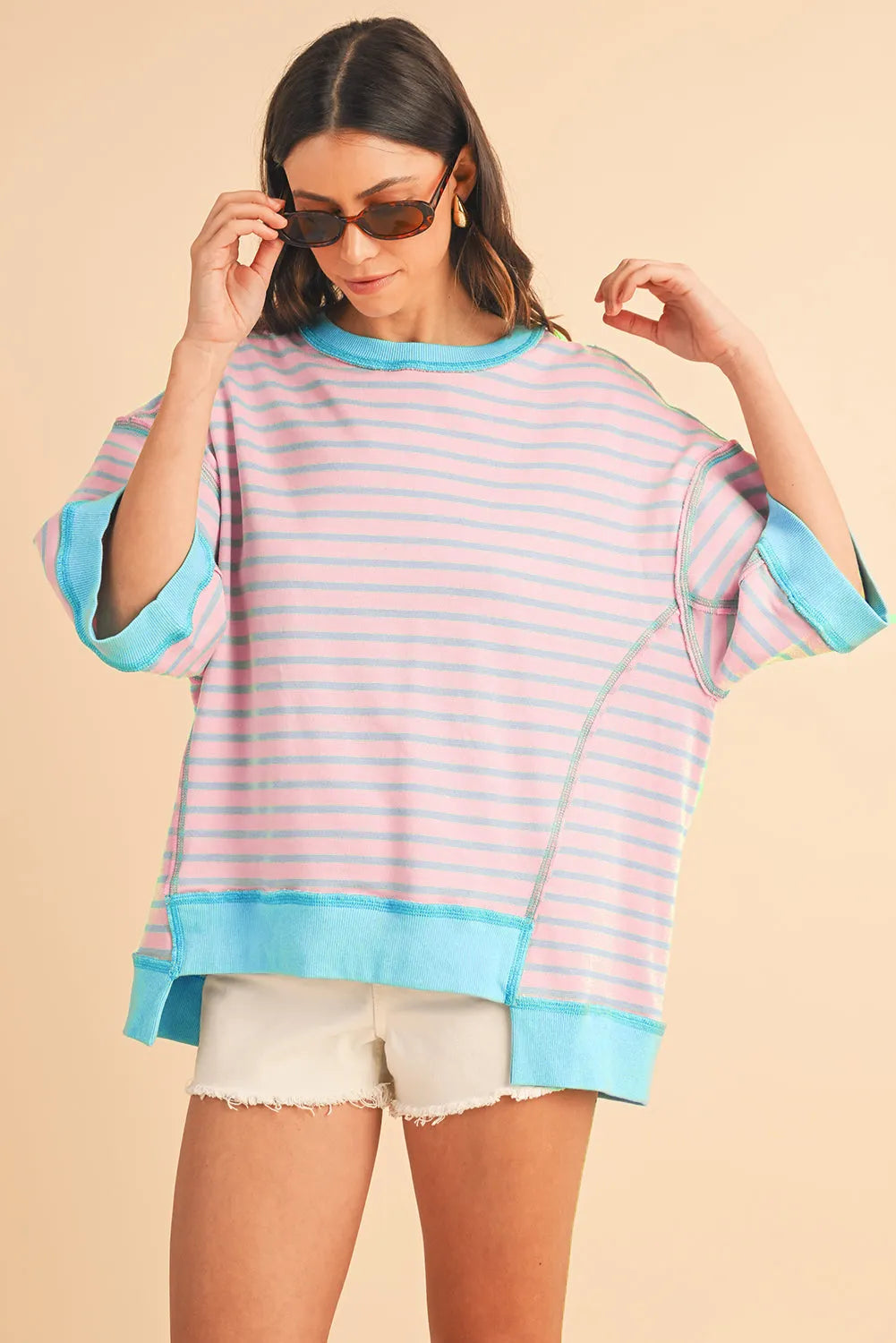 ISA | Gestreept Loose Fit T-Shirt Voor Dames Met Contrast Trim En Wijde Mouwen – Comfortabel, Casual, Stijlvol