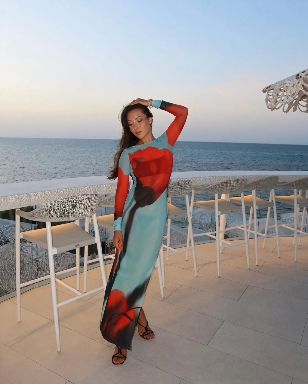 Buntes Langarm Maxikleid – Gemusterter Print