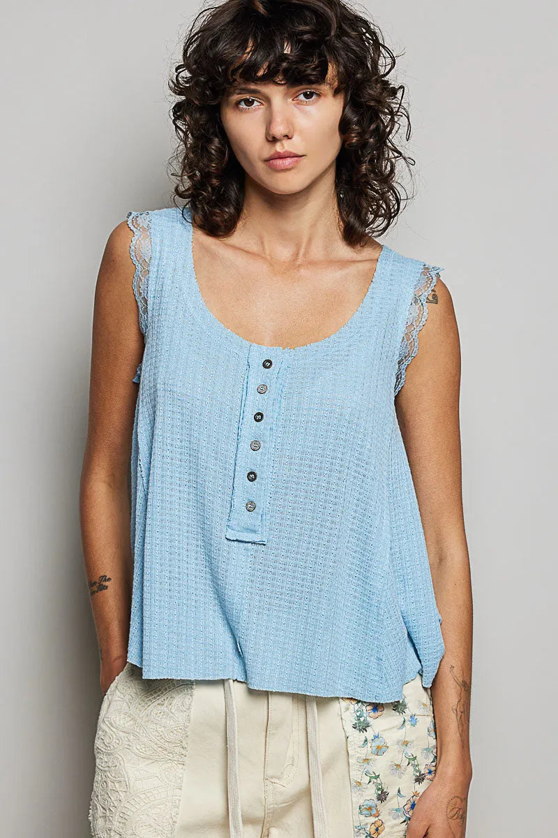 POL Textured Knit Round Neck Tank with Lace Detail