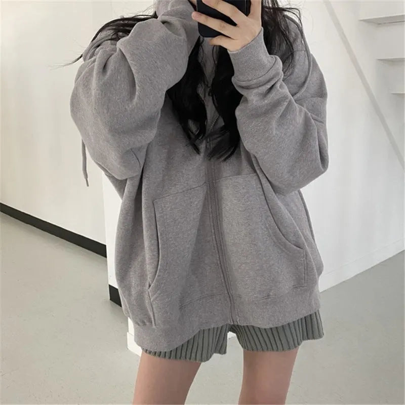 Zip-up Oversized Solid Pocket Hooded Langarm Lose Baseball Jacke