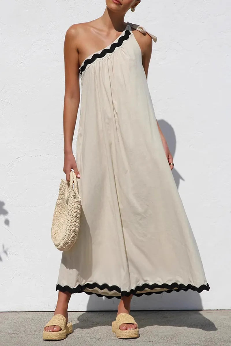 Vacation Ripple Lace Up Patchwork Irregular Sloping Shoulder Sleeveless Dresses