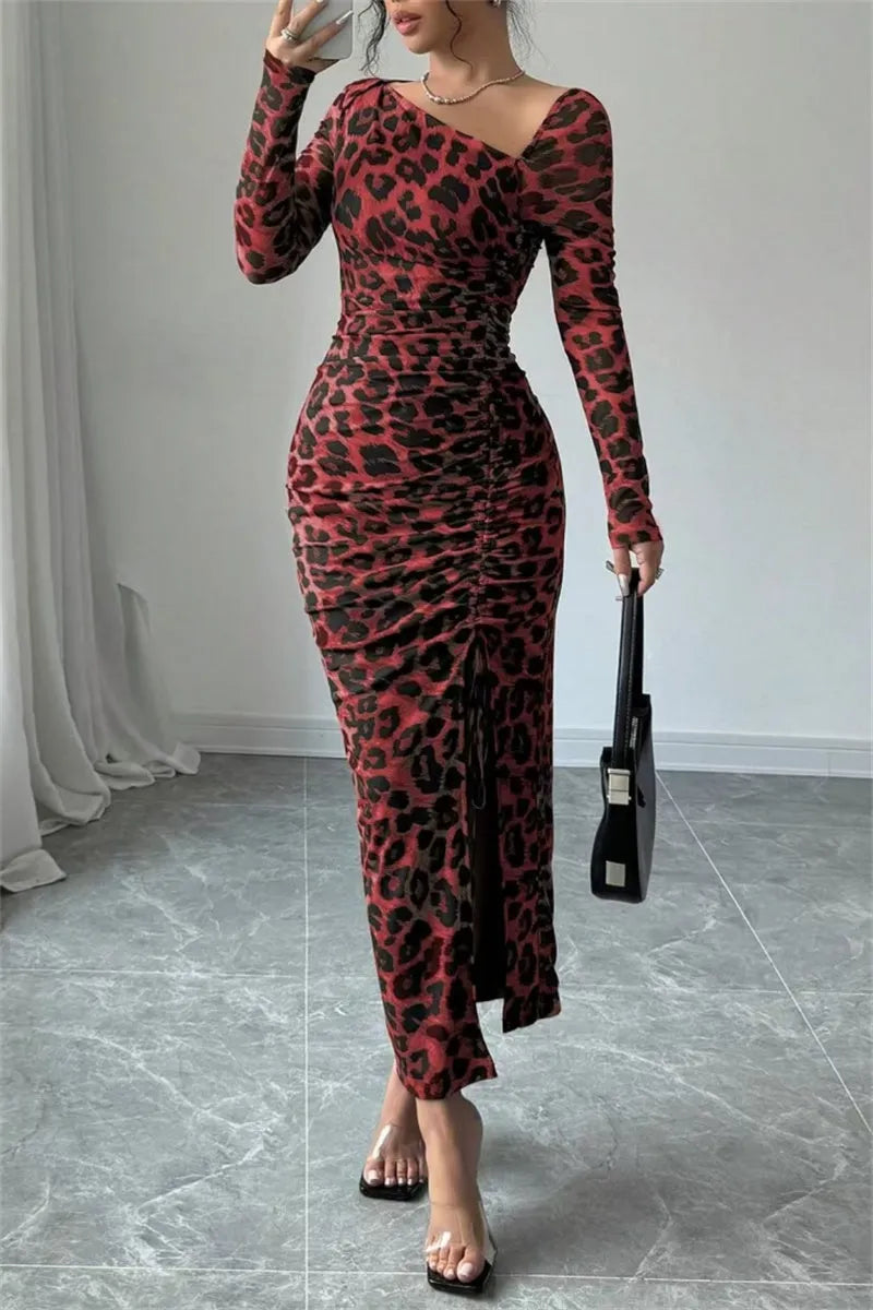 Sexy Casual Leopard Print Draw String Lace Up Slit Oblique Collar Long Sleeve Dresses