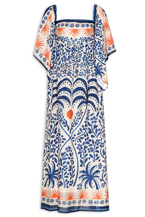 Square Collar Flutter Sleeves Printed Maxi Vacation Dress