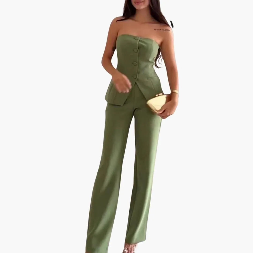 Women's Strapless Two-Piece Co-Ord Set with Strapless Top and Wide-Leg Trousers