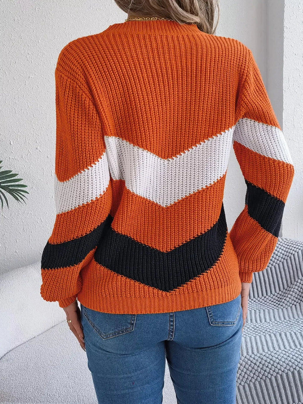 Chevron Stripe Color Block Round Neck Sweater
