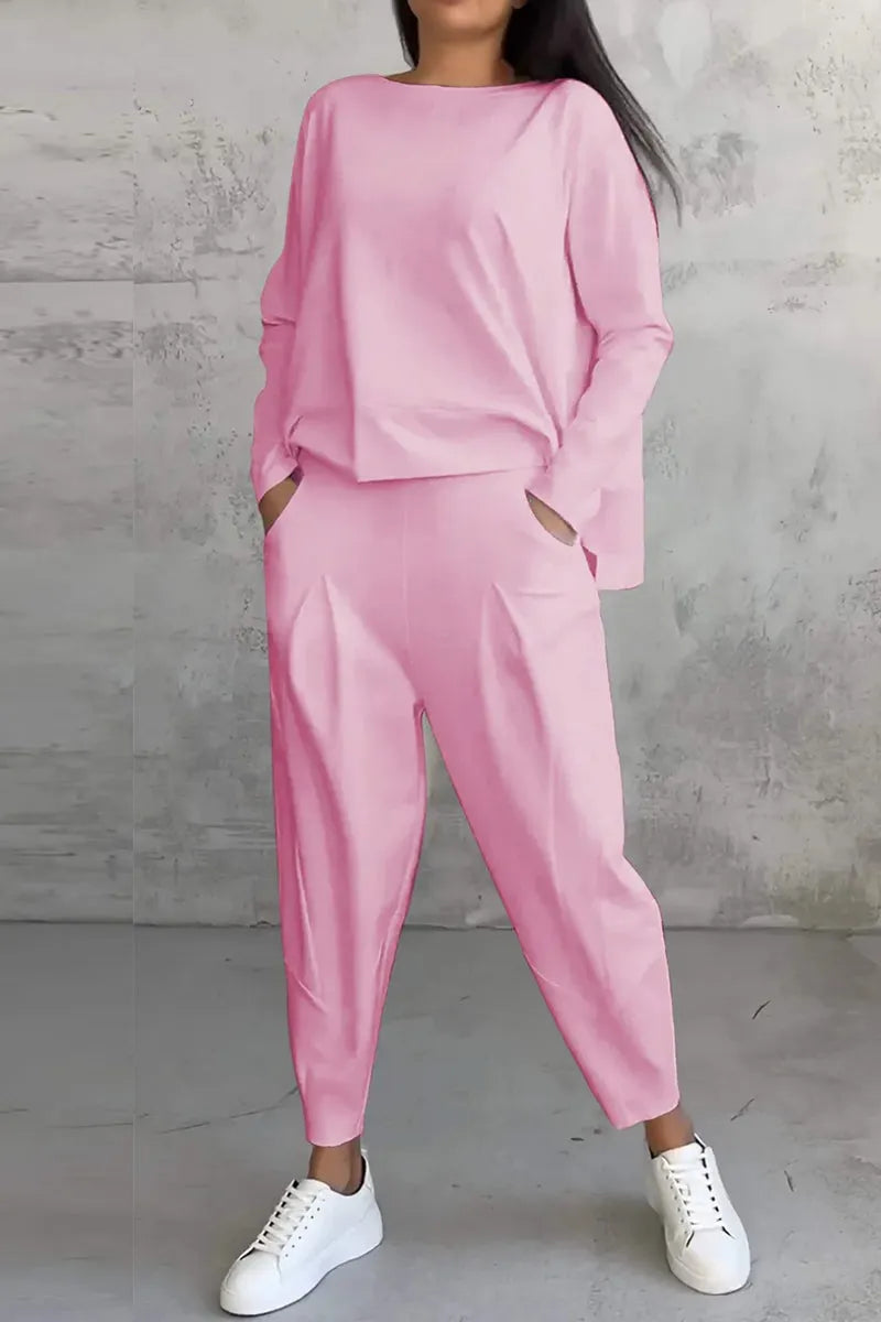 Casual Solid Color Pocket O Neck Long Sleeve Two Pieces(9 Colors)