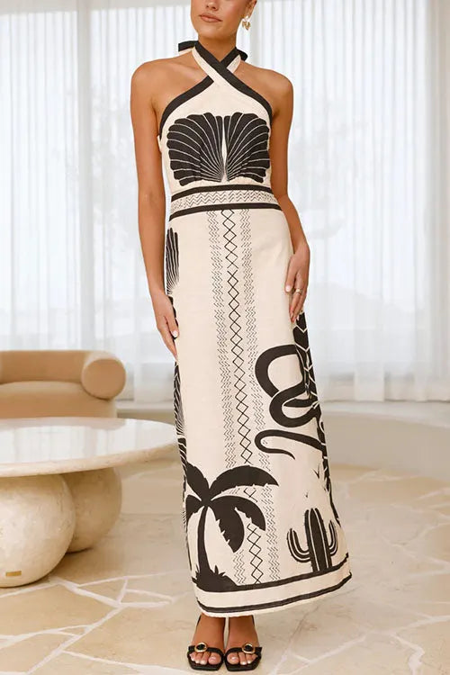 Palm Canyon Print Criss Cross Halter Maxi Dress
