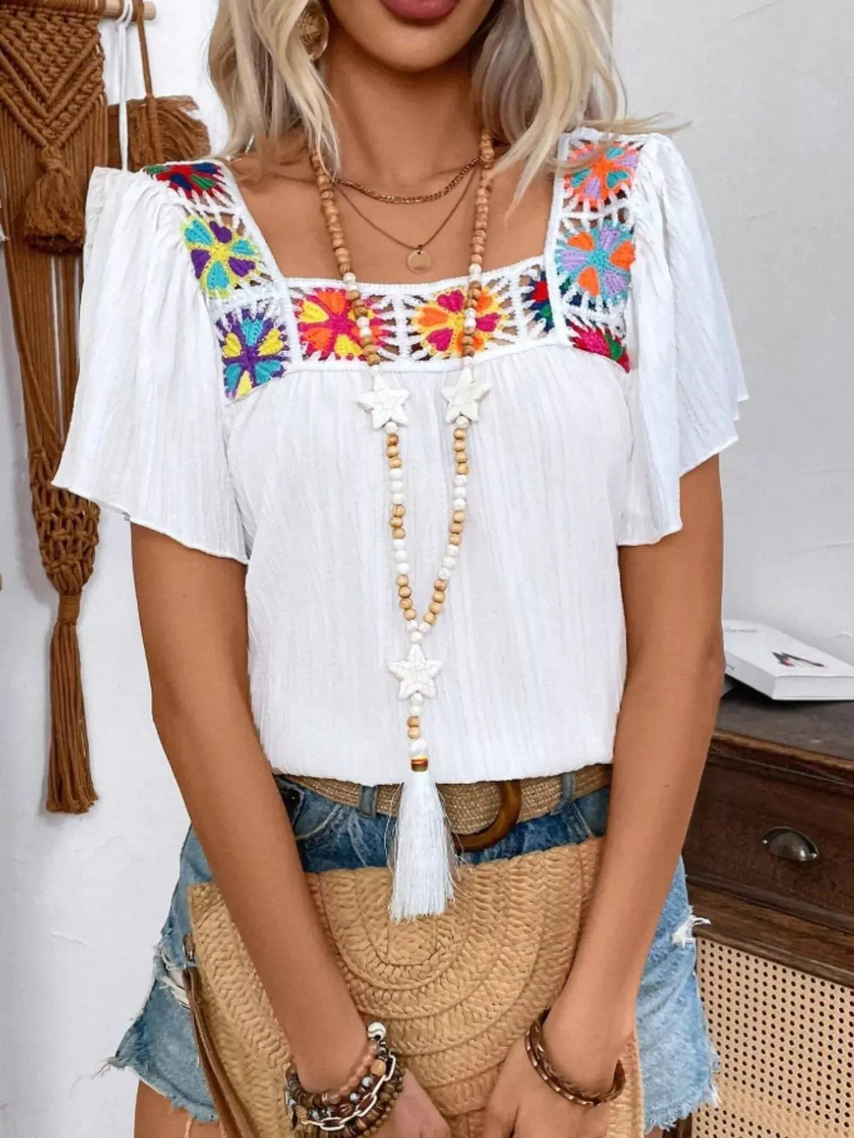 Embroidered Square Neck Flutter Sleeve Blouse