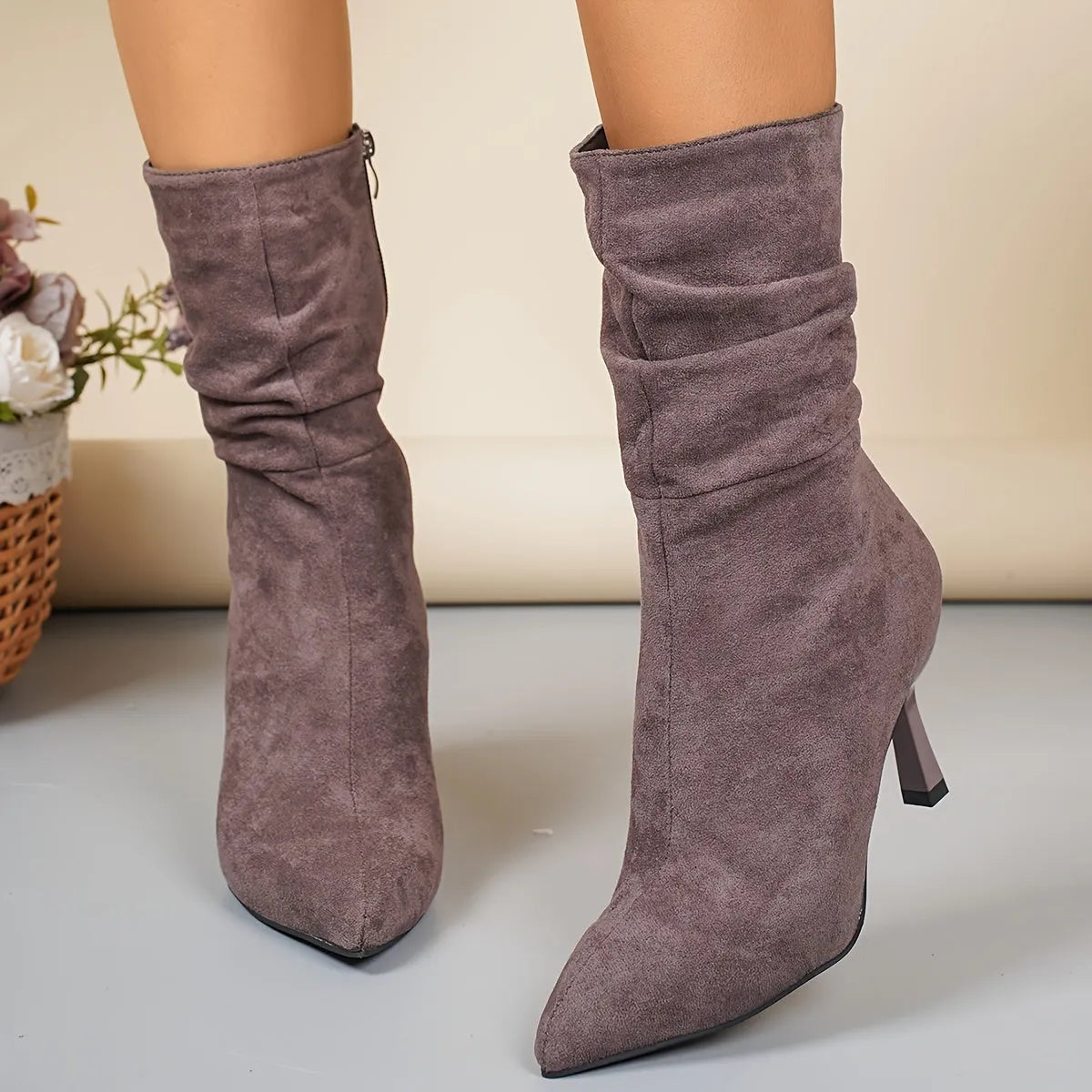 Elegante Slanke Dames Enkellaarsjes | Mid-High PlissÃ© Boots Met Puntneus & Stiletto Hak