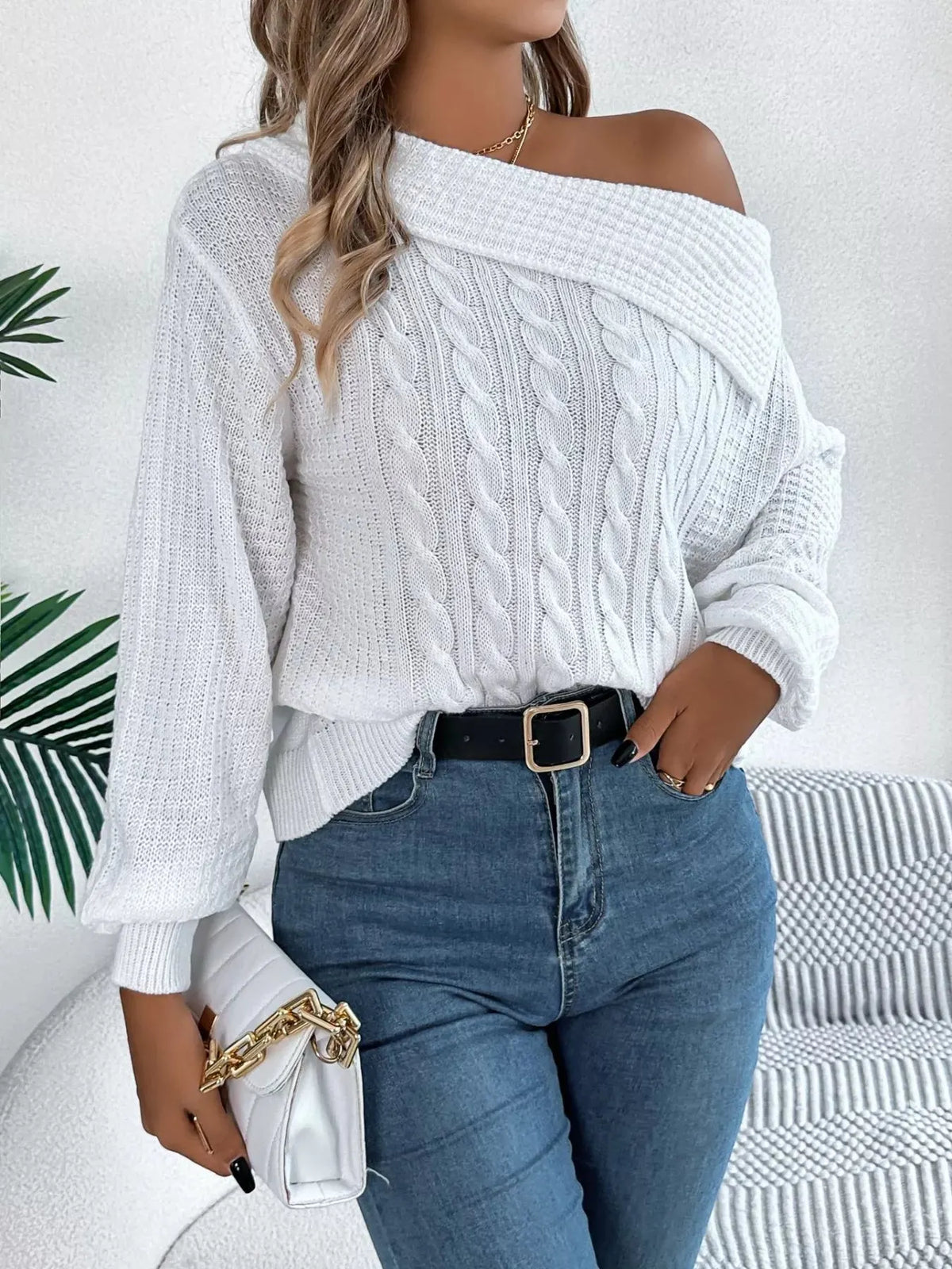Off-Shoulder Cable Knit Sweater
