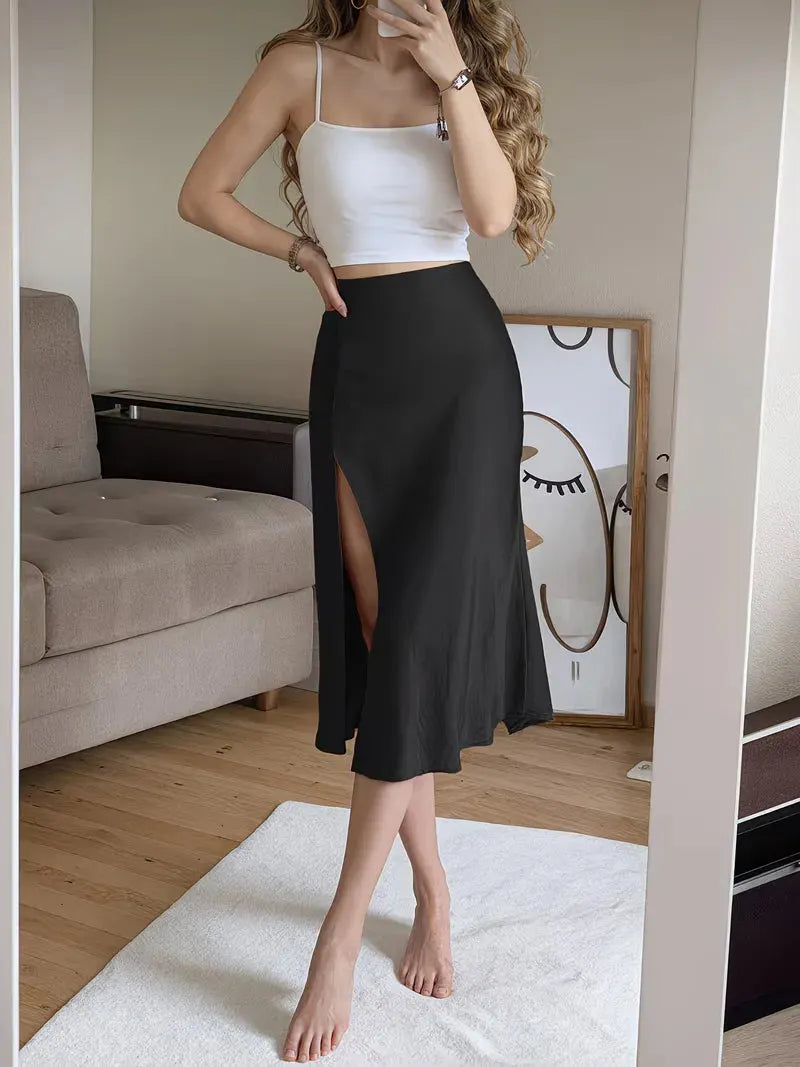 Satin Skirt for Women with High Split and Knot Details