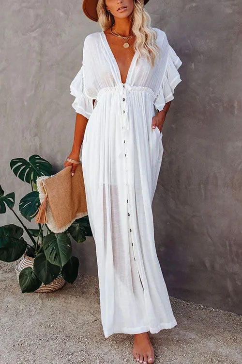 V Neck Short Sleeve Tie Waist Swing Beach Dress