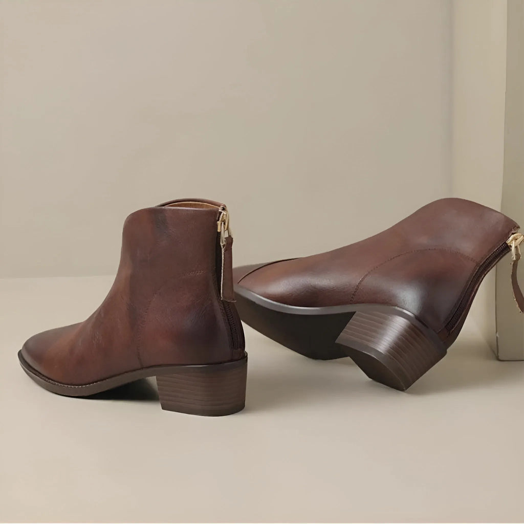 Dames Enkellaarsjes van Leer Met Rits & Blokhak – Elegant, Comfortabel & Stabiel