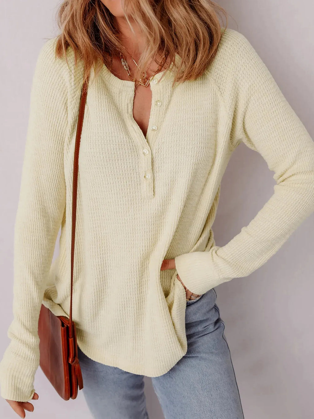 Textured Knit Half Buttons Henley Top