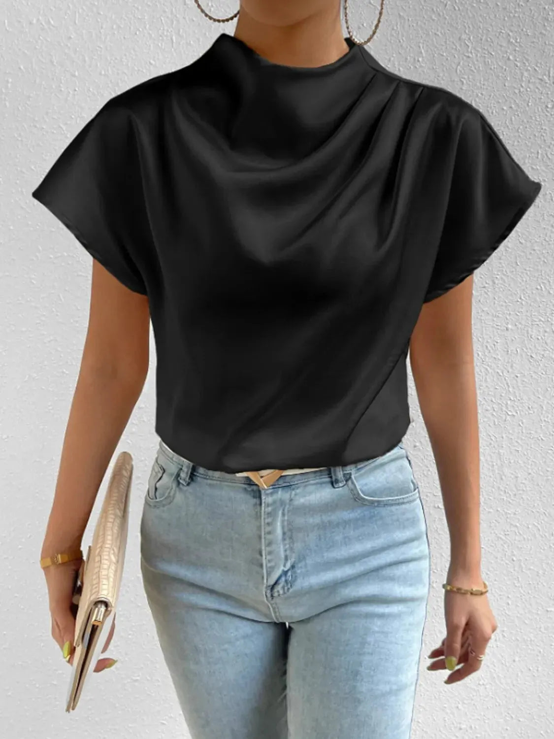 Mock Neck Short Sleeve Blouse