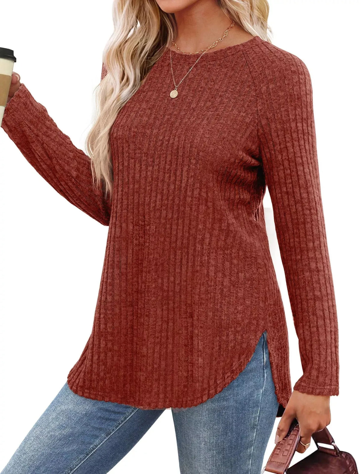 Casual Ribbed Knit Long Sleeve T-Shirt