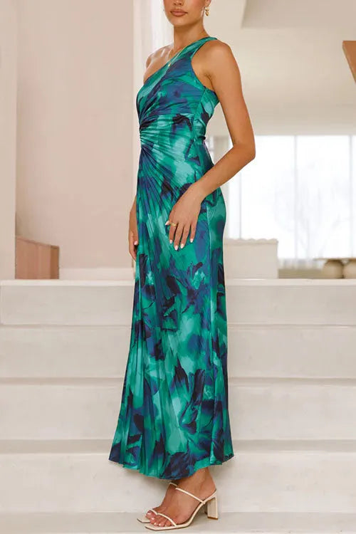 One Shoulder Drawstring Cut Out Printed Maxi Pleated Dress