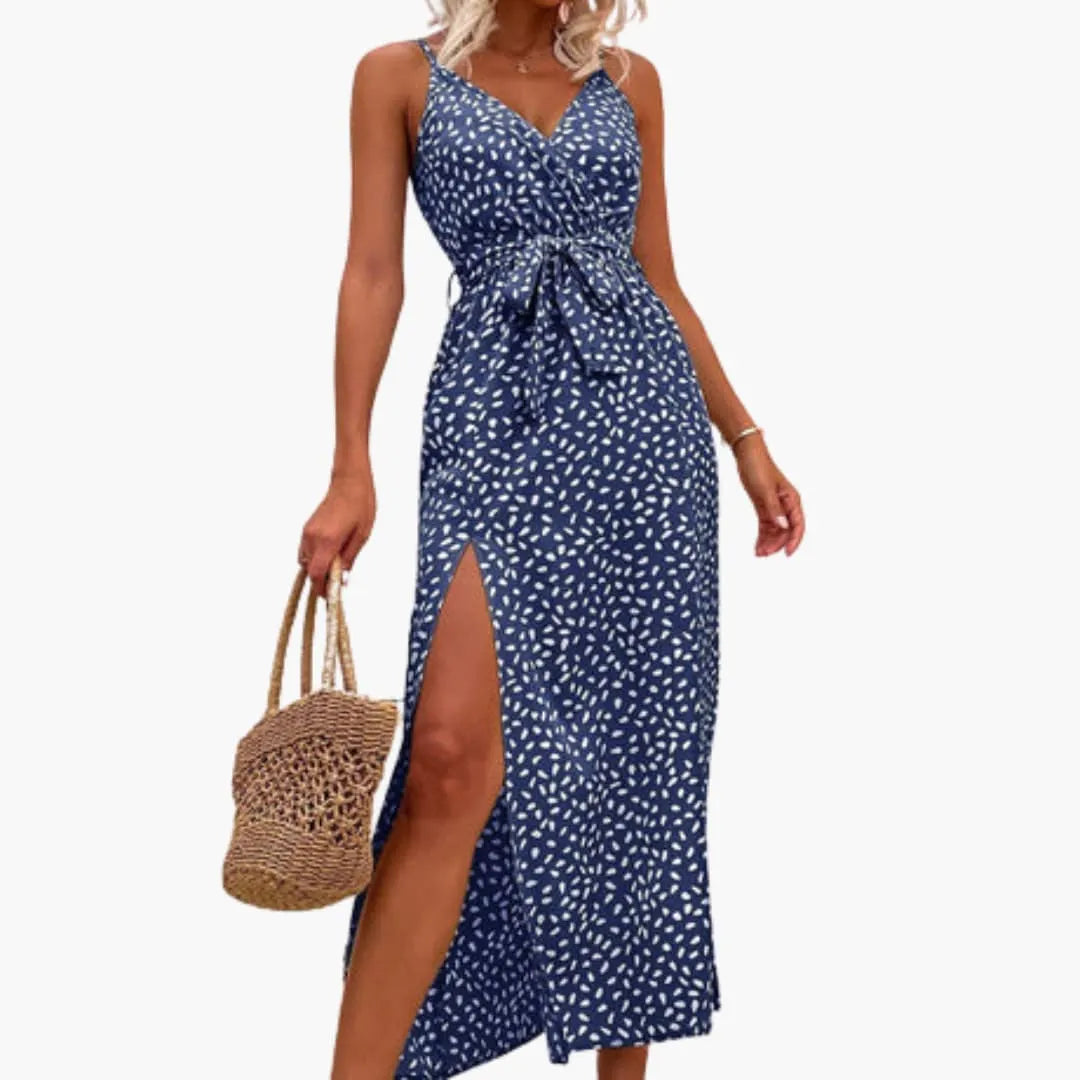 Womenâ€™s Long Beach Dress with V-Neckline and Tie Waist